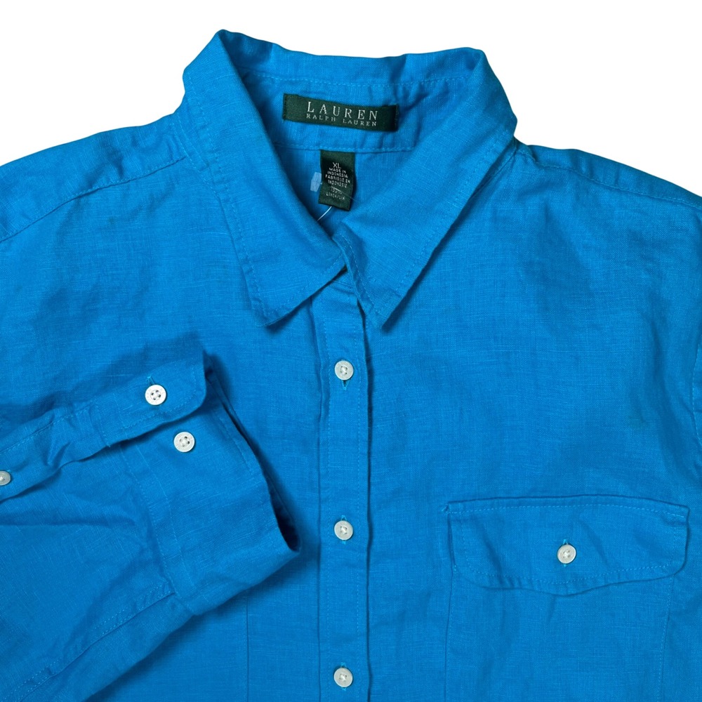 Lauren Ralph Lauren Linen Button Up Shirt Womens XL Bright Blue Roll Tab Sleeve